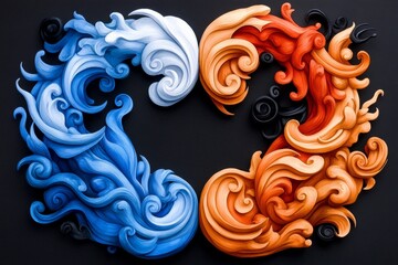 Fototapeta premium Two opposing ideas represented by watercolor swirls, merging to form one harmonious shape