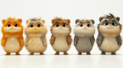 Five fluffy cartoon hamsters in a row.