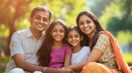 High-resolution photorealistic image of a happy Indian family of four sitting closely together in a sunny park, smiling at the camera. The professional color grading and high-end magazine aesthetic,