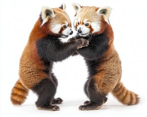Pair of playful red pandas on white isolated background.