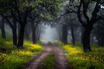 Naklejka premium Misty Forest Path With Wildflowers