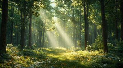 Obraz premium Sunbeams pierce a lush green forest with wildflowers.