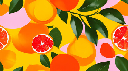 grapefruit fruit print and plants print in red yellow pink orange green colored citrus exotic seamless patchwork pattern. fashion trendy banner background for fabric textile design wallpaper