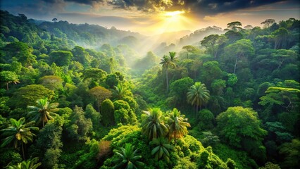 Aerial view of sunlight shining through dense jungle canopy