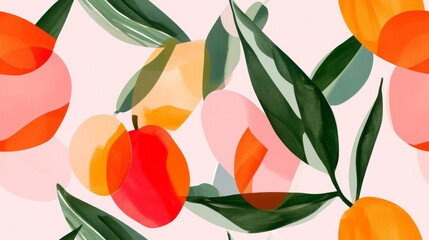 fruit print and plants print in red orange green white colored citrus branches exotic seamless patchwork pattern. fashion trendy banner background for fabric textile design wallpaper