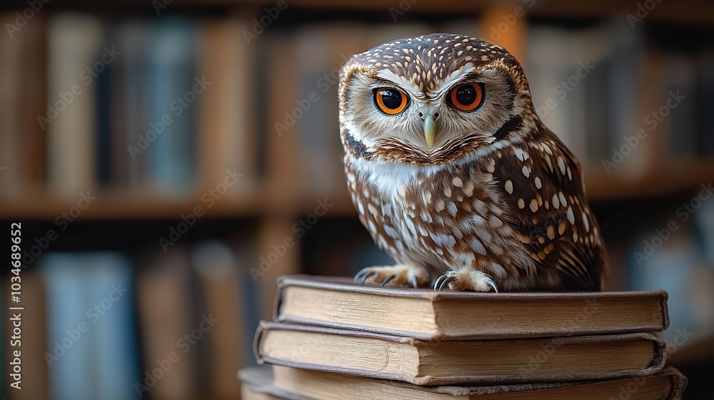 Poster wise owl perched atop stack of books symbolizing knowledge wisdom and the pursuit of education the i