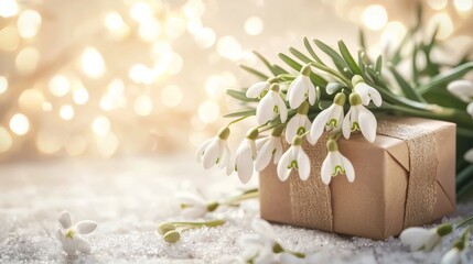 snowdrops flowers and gift box on table