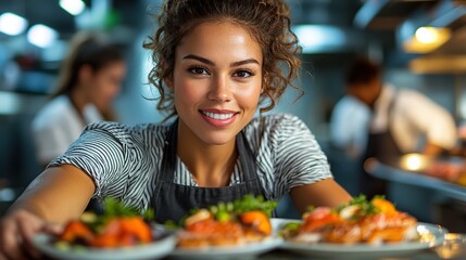 woman closely examines plate of food emphasizing the importance of food safety and inspection.stock image