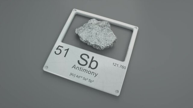 Antimony mineral with periodic data: atomic number 51, symbol Sb, plain background.