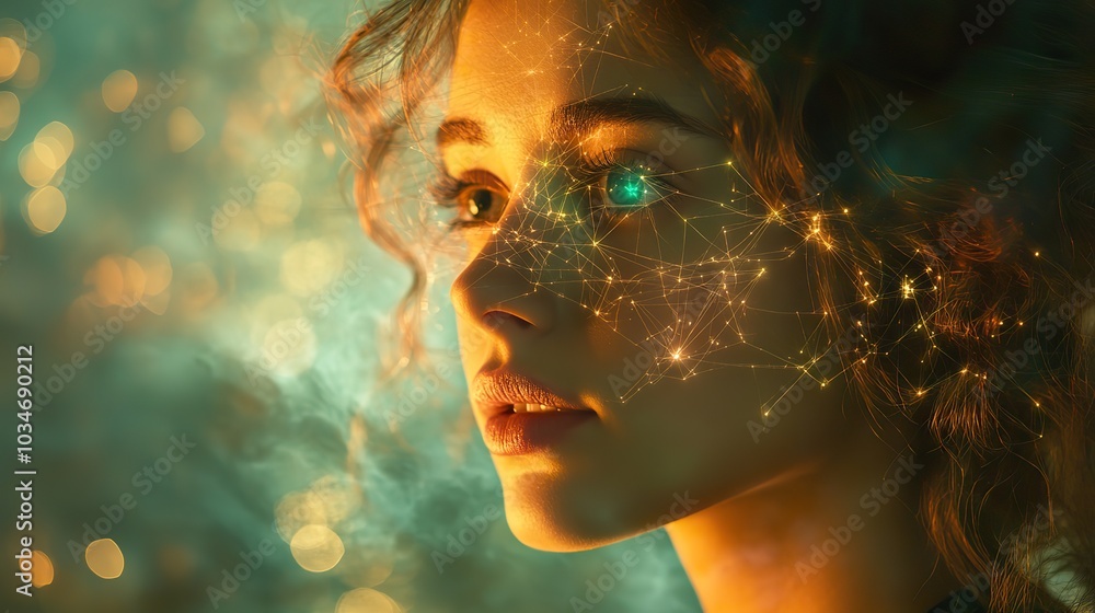Poster woman with contemplative expression and neural network overlay symbolizing cbt introspection