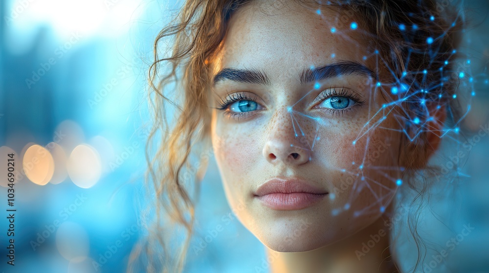 Poster woman with contemplative expression and neural network overlay symbolizing cbt introspection.stock i