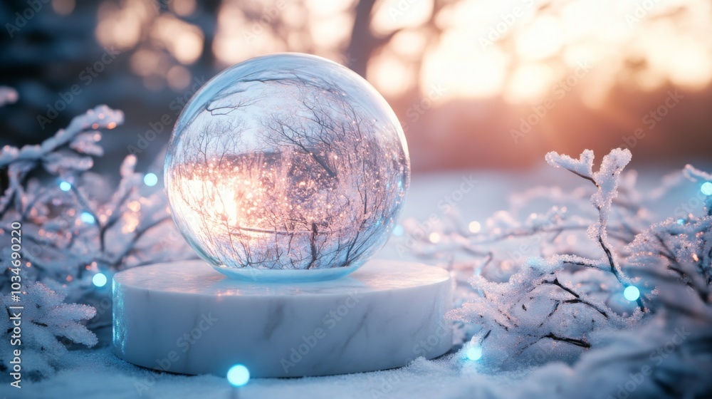 Poster a glass sphere is positioned on a white platform in a snowy outdoor setting. the sphere is reflectin