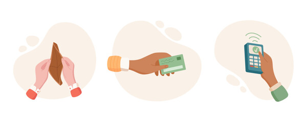 Hand holds card and phone for digital pay and transfer, representing wallet exchange in flat icon set. Concept of modern finance economy, ideal for business visuals.