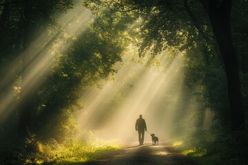 A man walking their dog in a forest, with sunlight streaming through the trees, and both enjoying the fresh air and nature