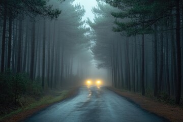Obraz premium Road through foggy pine forest, headlights piercing the mist, mysterious and ethereal