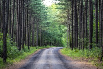 Obraz premium Road cutting through dense forest, towering pines on either side, dramatic and scenic