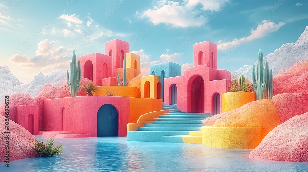 Poster abstract architectural creativity with playful design elements featuring unique buildings geometric 