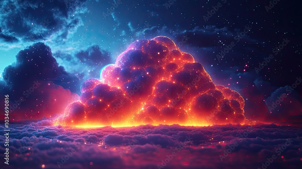 Poster abstract cloud with geometric shapes and vibrant colors representing modern cloud computing technolo