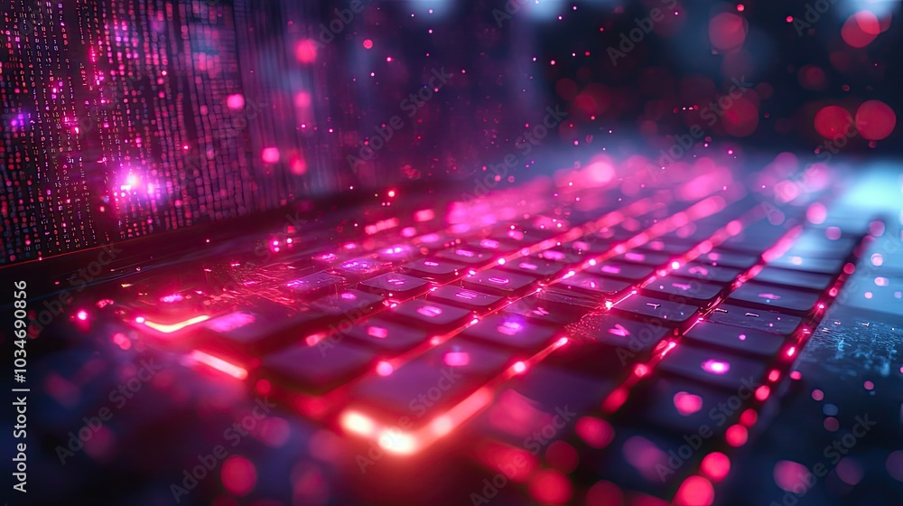 Poster abstract code lines on screen with glowing keyboard representing the concept of learning to code in 