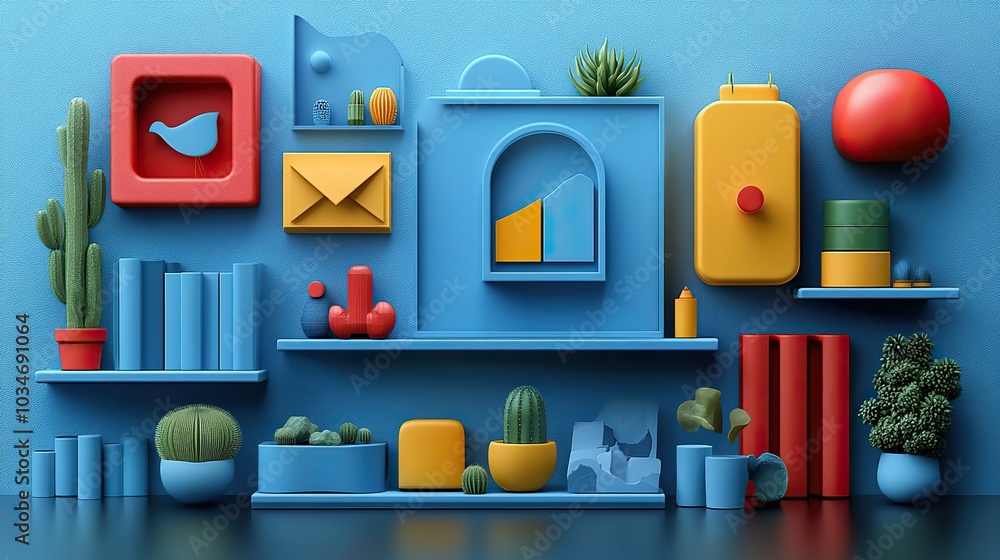 Poster abstract composition illustrating the concept of brand guidelines with stylized objects emphasizing 