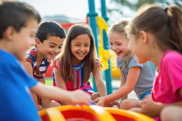 Children playing a collaborative game on a playground, engaging in teamwork, communication, and problem-solving, illustrating the importance of social skills in education