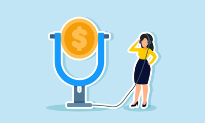 A businesswoman is live streaming using a dollar coin microphone, illustration of the promotion or talk show about financial management or financial freedom