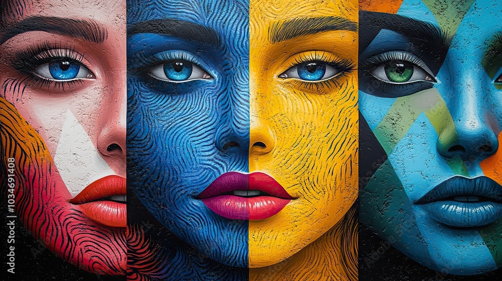 Poster abstract faces and patterns in vibrant colors symbolize artistic expression and individuality styliz