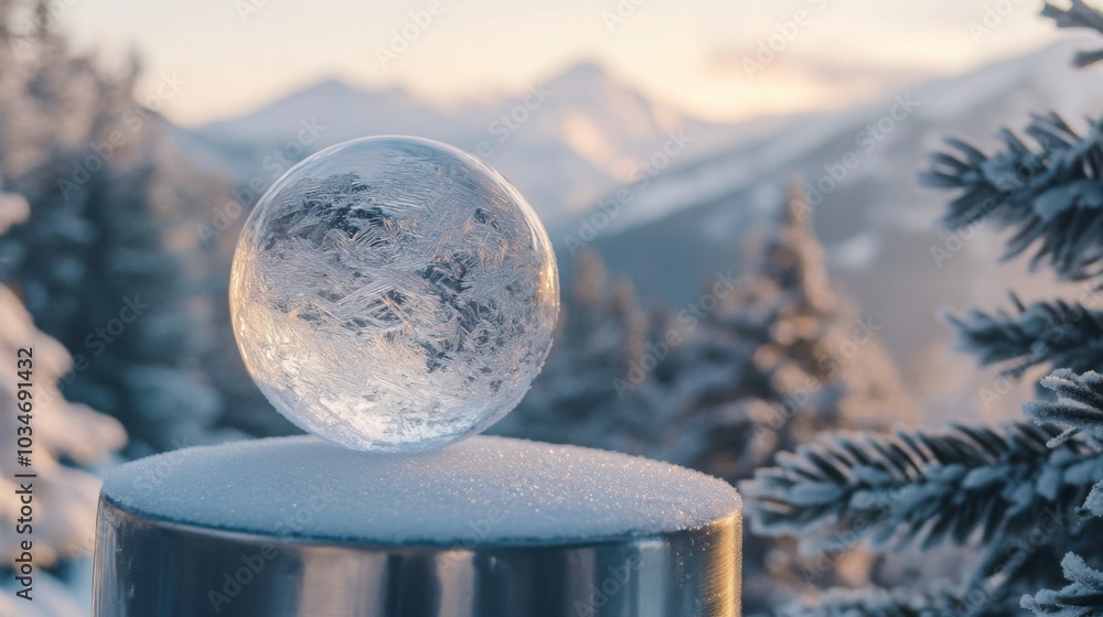 Poster a clear, frozen sphere sits on a snow-covered metal surface. it is surrounded by a mountain range in