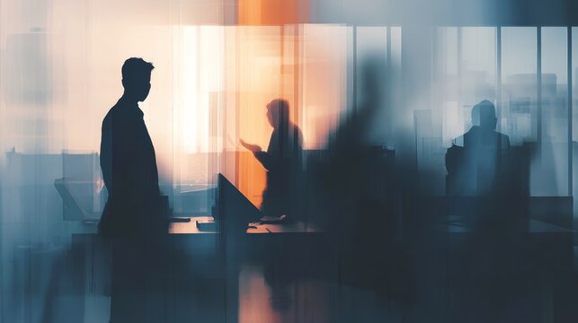Abstract double exposure of shadowy figures in a collaborative meeting, smooth gradient transitions