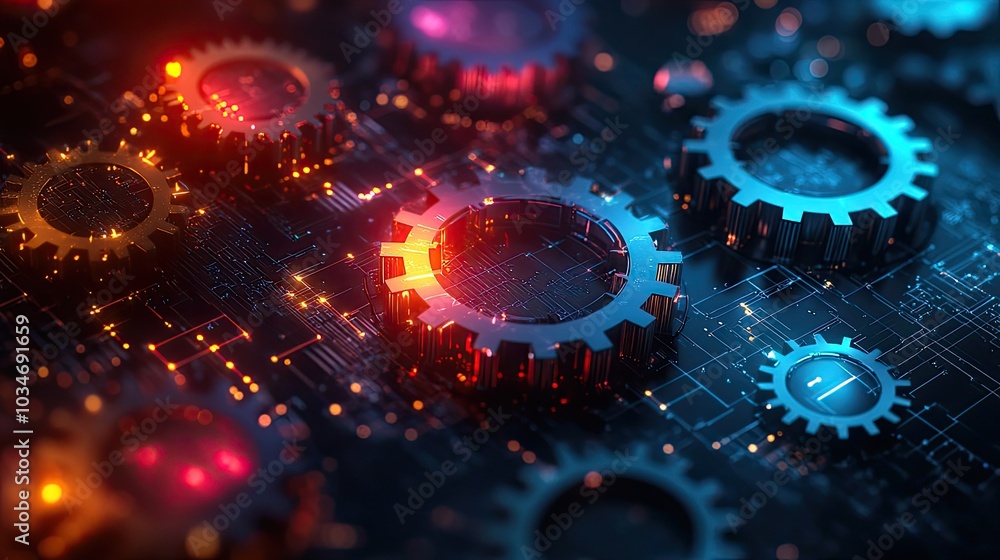 Poster abstract gears and colorful geometric shapes symbolize the dynamic and intricate nature of programmi