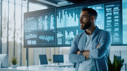 Fototapeta premium Very realistic photo of an AI developer explaining industry trends in a bright office space with large digital screens Financial graphs and statistics on AI investments dominate the background,