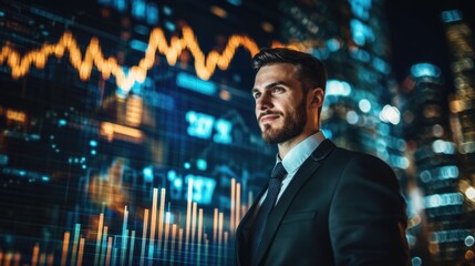 Fototapeta premium Very realistic photo of a businessman showcasing a rising bar graph with stock market figures in the background Emphasizing business growth and financial success Styled like a high-end lifestyle
