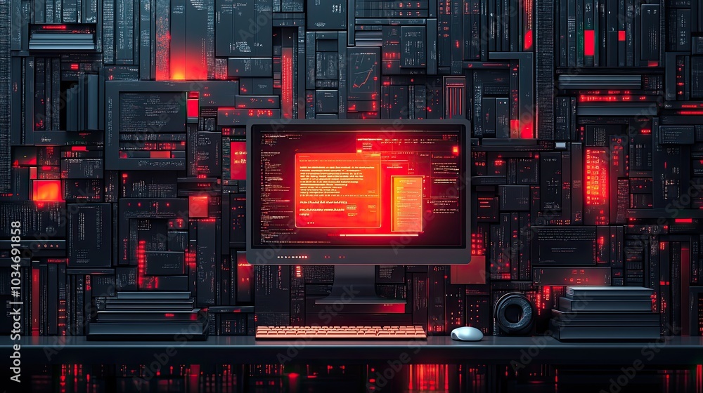 Poster abstractdepicting digital literacy with computer icons books keyboard and mouse symbolizing the inte