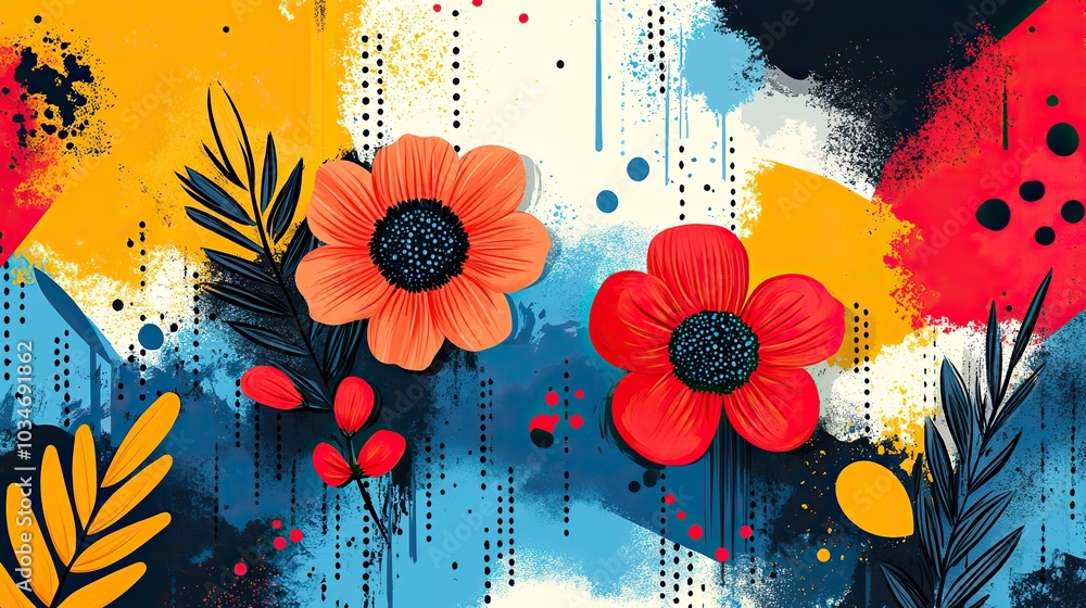 Poster abstractdepicting diverse elements and interactions in creative process features arrows flowers and 