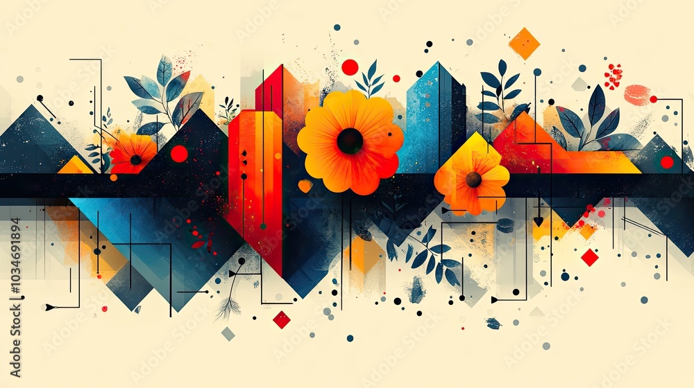 Poster abstractdepicting diverse elements and interactions in creative process features arrows flowers and 
