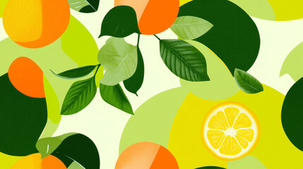 orange fruit print and plants print in green orange yellow white colored citrus exotic seamless patchwork pattern. fashion trendy banner background for fabric textile design wallpaper