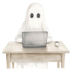 Ghost Sitting at Desk and Typing Away on Laptop