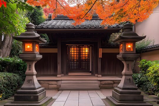 Traditional Japanese Temple Entrance with Stone Lanterns and Autumn Foliage - Powered by Adobe