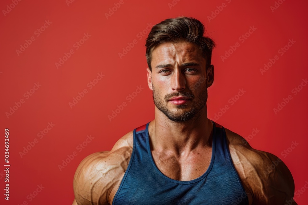 Sticker a strong, fit man with a focused expression, solid color background blending physical strength with 