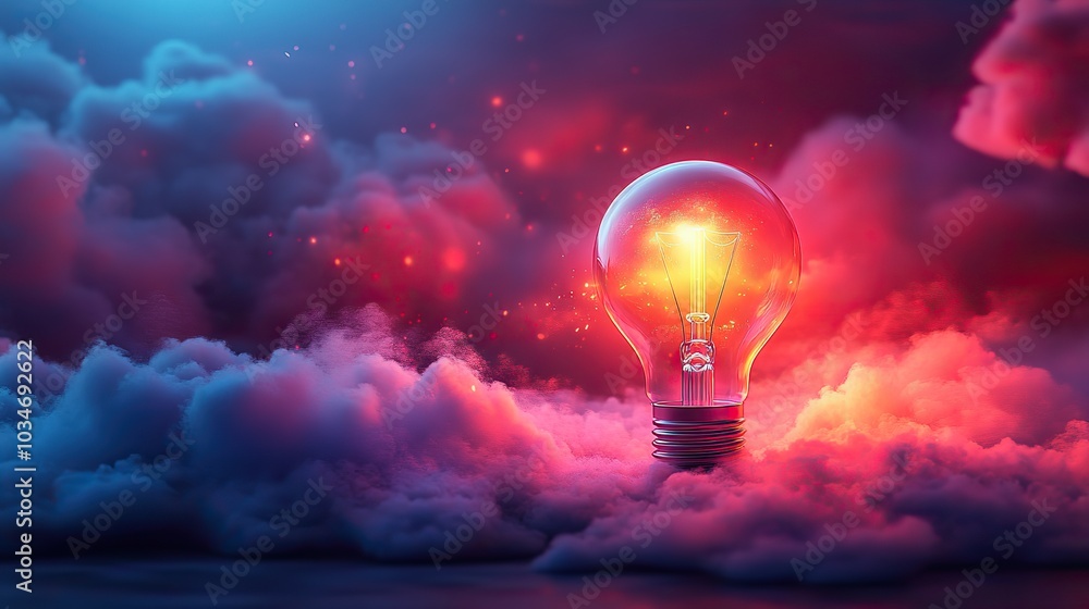 Poster abstractof light bulb surrounded by clouds and abstract shapes symbolizing innovation and bright ide