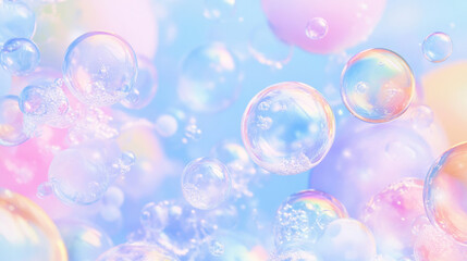 3D iridescent pink blue soap bubbles floating in air dreamy pastel bokeh background