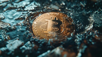 Detailed close-up of a Bitcoin coin, half submerged in a pool of digital code
