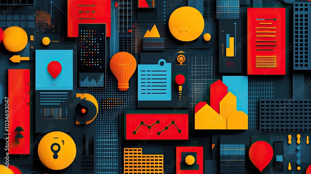 Poster abstractof brand positioning strategies with stylized elements highlighting key concepts in marketin
