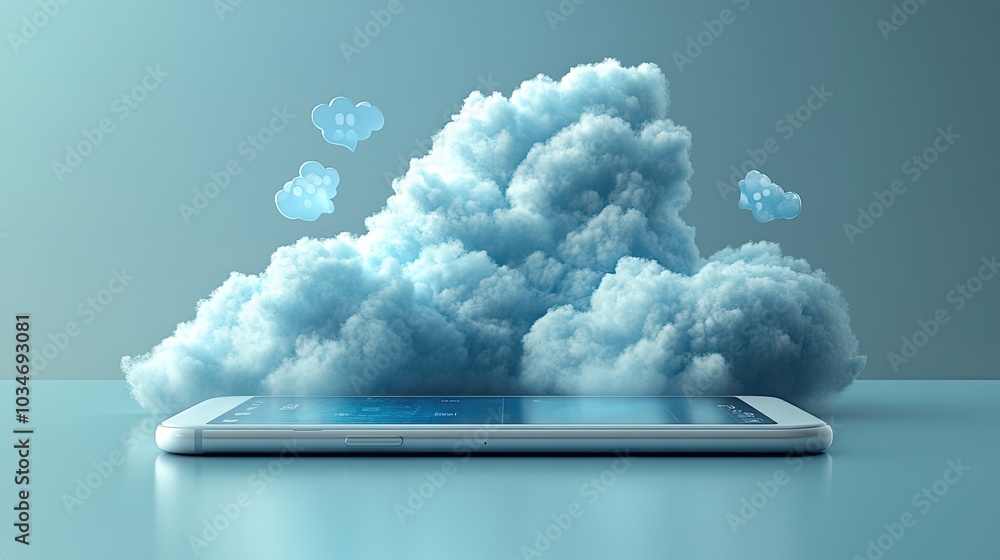 Poster abstractof cloud based communication with smartphone clouds and speech bubbles represents digital in
