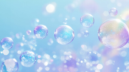 Naklejka premium 3D iridescent pink blue soap bubbles floating in air dreamy pastel bokeh background