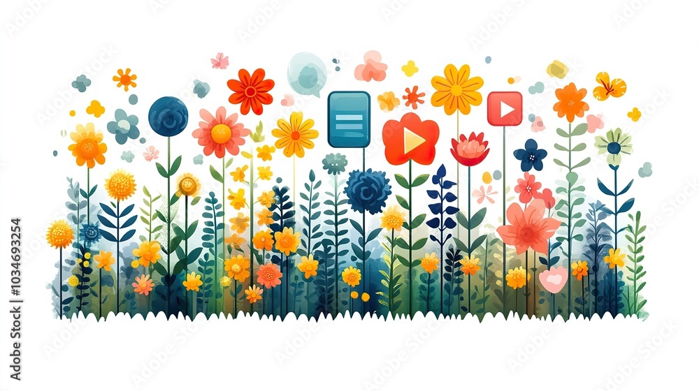 Poster abstractof digital communication with smartphone speech bubbles and flowers symbolizing connectivity