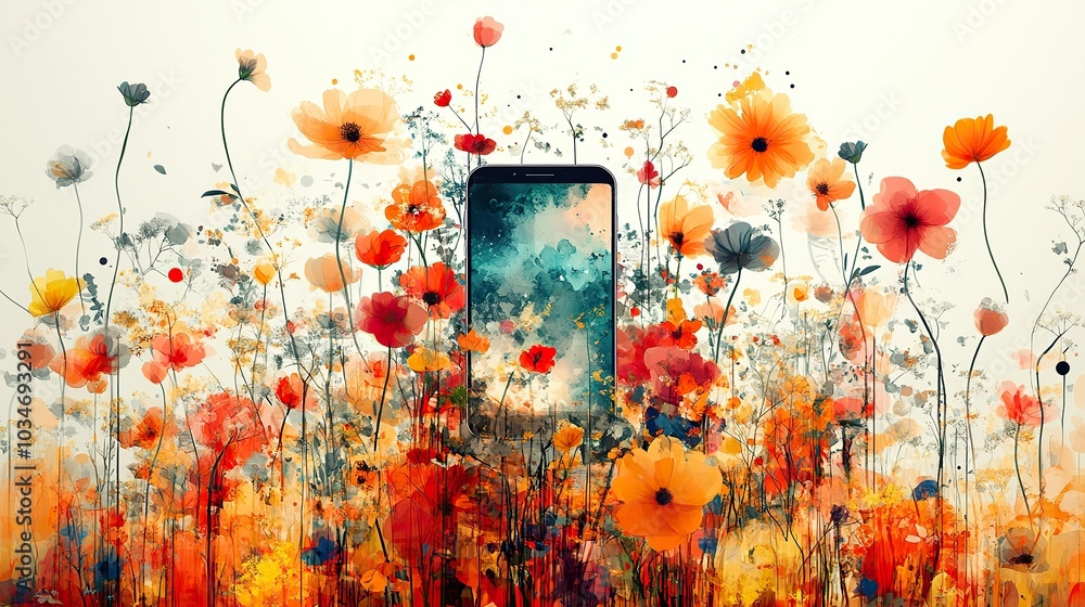 Poster abstractof digital communication with smartphone speech bubbles and flowers symbolizing connectivity