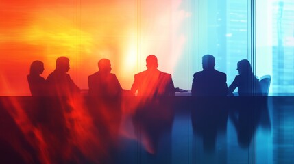Double exposure of shadowy business figures in a meeting room, blending with subtle light trails