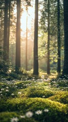 Obraz premium A peaceful forest floor covered in lush green moss and tiny wildflowers