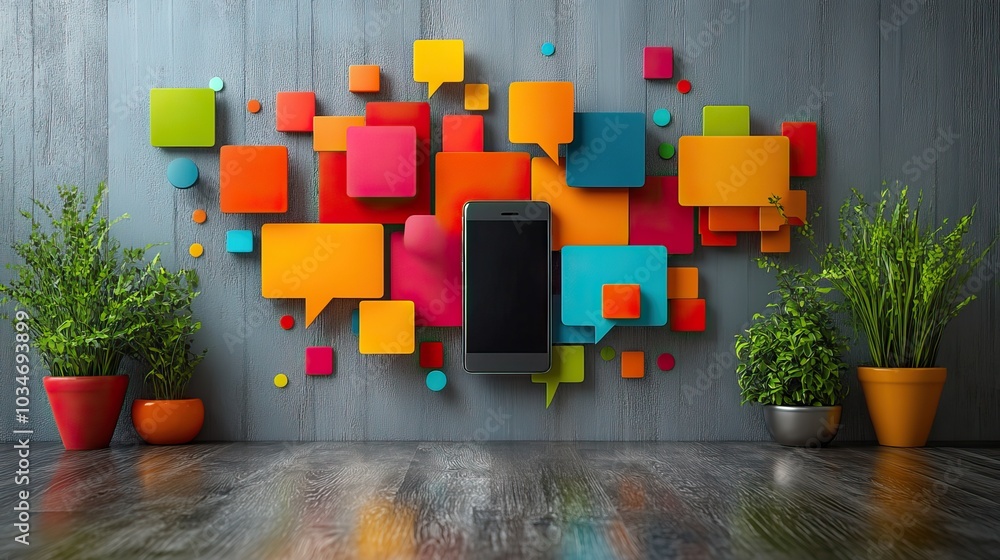 Poster abstractof social interaction and messaging featuring smartphone and speech bubbles with vibrant sha